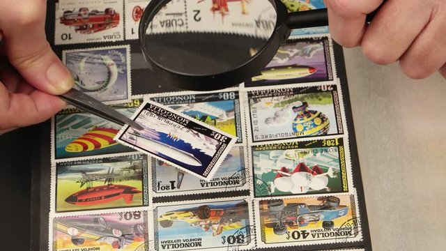 Collector philatelist leafs through the album with a collection of postage stamps, takes out the stamp from a cell by tweezers, looks at it through a magnifying glass