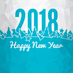 Happy New Year 2018. Blue winter background background with Christmas trees, balloons and dogs. Greeting card, poster or brochure template. Vector illustration.