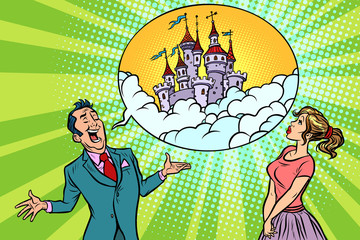 Confident businessman offers a woman fabulous castle in the sky