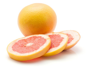 Sliced red grapefruit isolated on white background one whole three rings.
