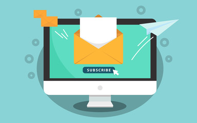 Subscribe for newsletter concept. Subscribe button with cursor on the computer screen. Open message with document. Paper airplane icon. - obrazy, fototapety, plakaty
