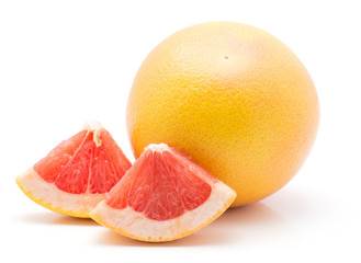 One red grapefruit and two pieces isolated on white background.