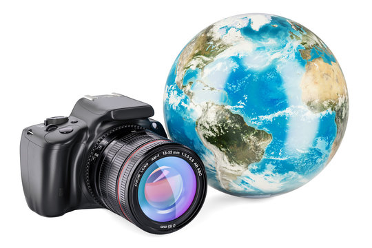 Earth Globe with digital single-lens reflex camera, 3D rendering