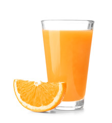 Glass of fresh orange juice on white background