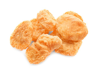 Tasty chicken nuggets on white background