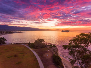 aerial view of cruise ship off Santa Barbara, California at dawn