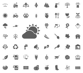 Cloudy sun icon. Gardening and tools vector icons set