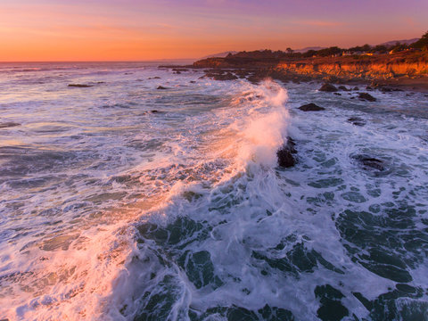 aerial view of surf at Moonstone Beach at sunset, Cambria, California