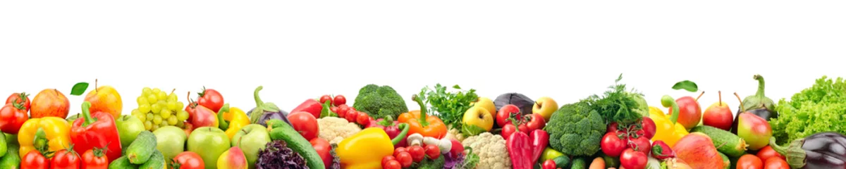 Fotobehang Verse groenten Brede collage van verse groenten en fruit voor lay-out geïsoleerd op een witte achtergrond.