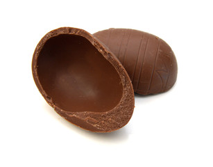 Cracked chocolate egg, isolated on white