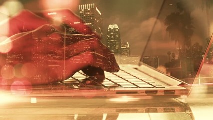 Woman typing on a laptop. Double exposure effect, time lapse city traffic on a skyscrapers background - Powered by Adobe