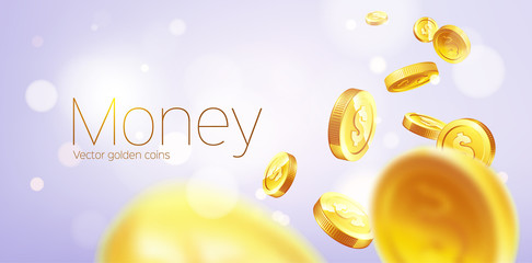 Banner Realistic Gold coins flying. Purple background.