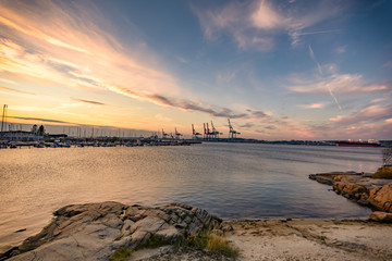 Fototapeta na wymiar Sunset at boat yard and cranes. gothenburg,Sweden 