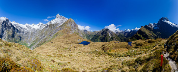 Landscape panorama from the Mackinnon Pass, on the Milford Track, New Zealand