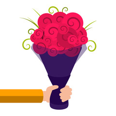 Hand holding a bouquet of red flowers with violet wrapping, isolated flat vector illustration - 184745583