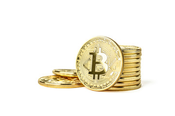 stack of golden bitcoins on white background