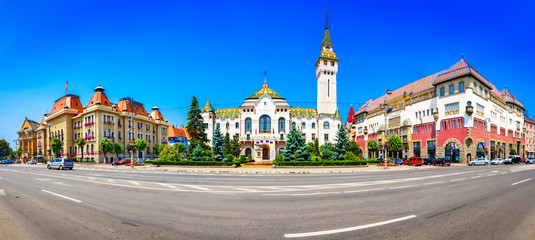 Targu-Mures, Romania, Europe. Street view of the Administrative palace and the Culture palace,...