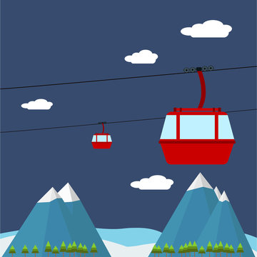 Picture of red ropeway cabines with forest and mountain on background, flat style illustration