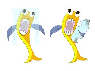 Yellow fish in plastic bag in blue ocean, with plastic bottle, rubbish pollution water vector illustration