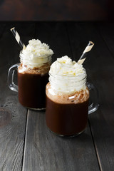 Hot chocolate in a glass.