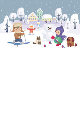 Colorful background with the image of children on winter walk. Vector illustration.