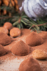 Fototapeta na wymiar Homemade chocolate truffles, nuts, almonds and cocoa powder