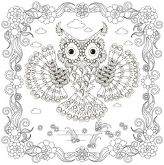 Naklejka premium Anti stress abstract owl, square flowering frame hand drawn monochrome vector illustration