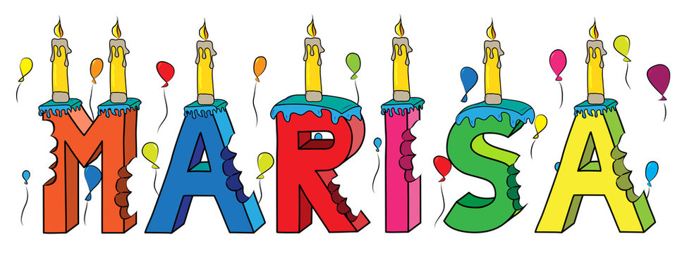 Marisa female first name bitten colorful 3d lettering birthday cake with candles and balloons