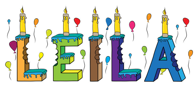 Leila female first name bitten colorful 3d lettering birthday cake with candles and balloons