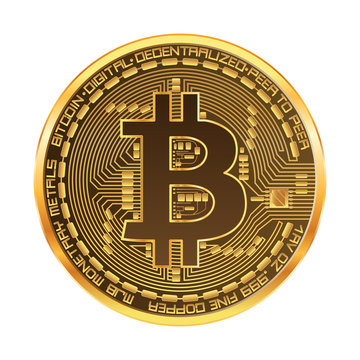Crypto currency golden coin with golden bitcoin symbol on obverse isolated on white background. Vector illustration. Use for logos, print products, page and web decor or other design.