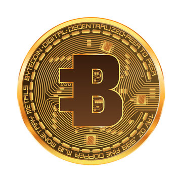 Crypto currency golden coin with golden bytecoin symbol on obverse isolated on white background. Vector illustration. Use for logos, print products, page and web decor or other design.