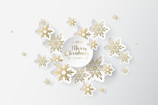 Christmas light background with white and golden snowflakes.