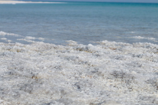 dead sea, coast is covered with white stone salt