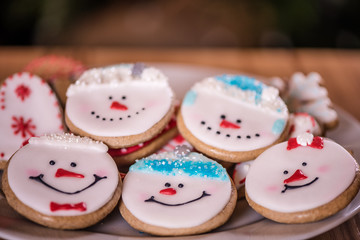 christmas gingerbread cakes in a shape of snowman