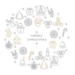Thin line Merry Christmas icons set. Simple vector illustration elements. Candles gift boxes christmas tree wreath stocking candy cane bells holly decoration Merry Christmas, Santa Claus