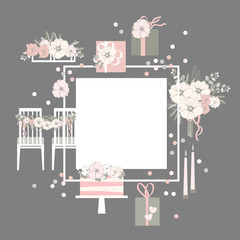 Vector frame with  flowers, cake, decoration for chairs, bridal bouquet.