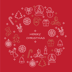 Thin line Merry Christmas icons set. vector illustration elements. Candles gift boxes christmas tree wreath stocking candy cane bells holly decoration Merry Christmas, Santa Claus