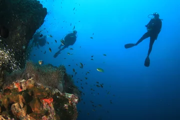 Dekokissen Scuba divers exploring coral reef © Richard Carey