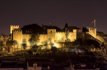 Long exposure night view of Castle and Fortress of Saint George Lisbon, Portugal