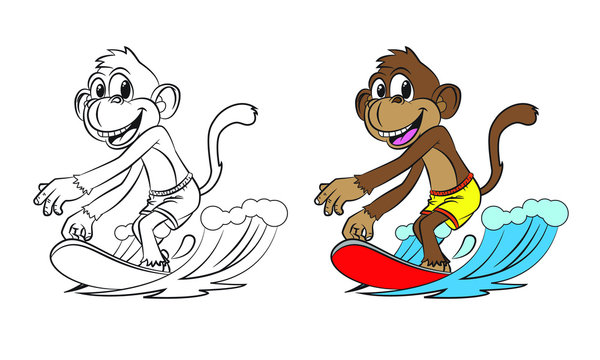 cartoon monkey surfing. Both in separate layers for easy editing and coloring
