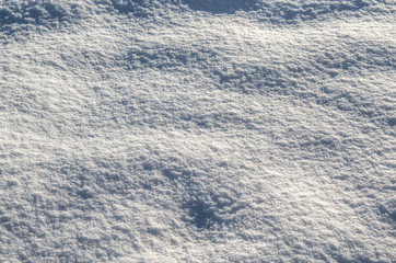 Close view of snow which has collected on the ground and formed visible patterns with nice shadows and mounds.
