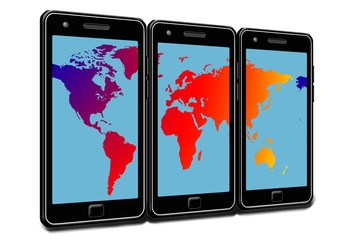 This is an illustration to go with a story about using your cellular phone for international calling. Includes a 3-D illustration of three phones and a world map spread across the screens.