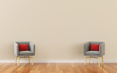 Gray armchair with a pillow in a living room. minimal style concept.