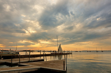 Memorial Union at Lake Mendota at sunset, on the campus of the University of Wisconsin–Madison in Madison, Wisconsin.