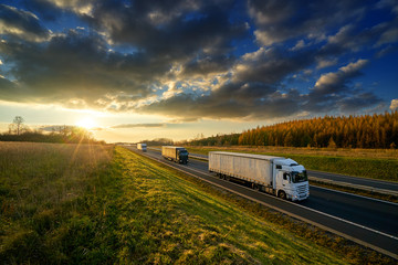 Three trucks driving on a highway in autumn landscape at sunset with dramatic clouds