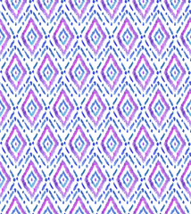 Seamless Hand Drawn Watercolor Ethnic Tribal Pattern. Blue and Pink watercolor rhombus on white background.