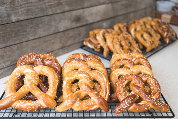 Many Freshly Baked Pretzel Cooling