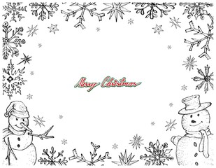 Hand Drawn of Two Cute Snowman on White Background