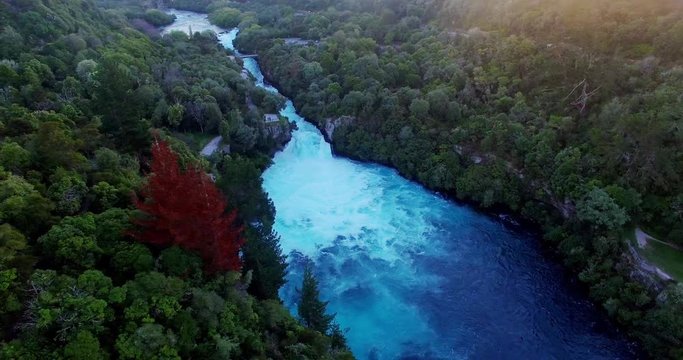 NEW ZEALAND &ndash; MARCH 2016 : Aerial shot over Huka Falls at sunset with Waikato River in view