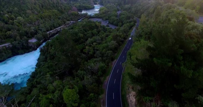 NEW ZEALAND &ndash; MARCH 2016 : Aerial shot over Huka Falls at sunset with Waikato River in view